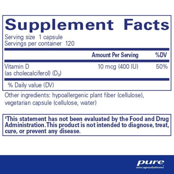 Pure Encapsulations Vitamin D3 10 mcg 400 IU _ 120 Capsules