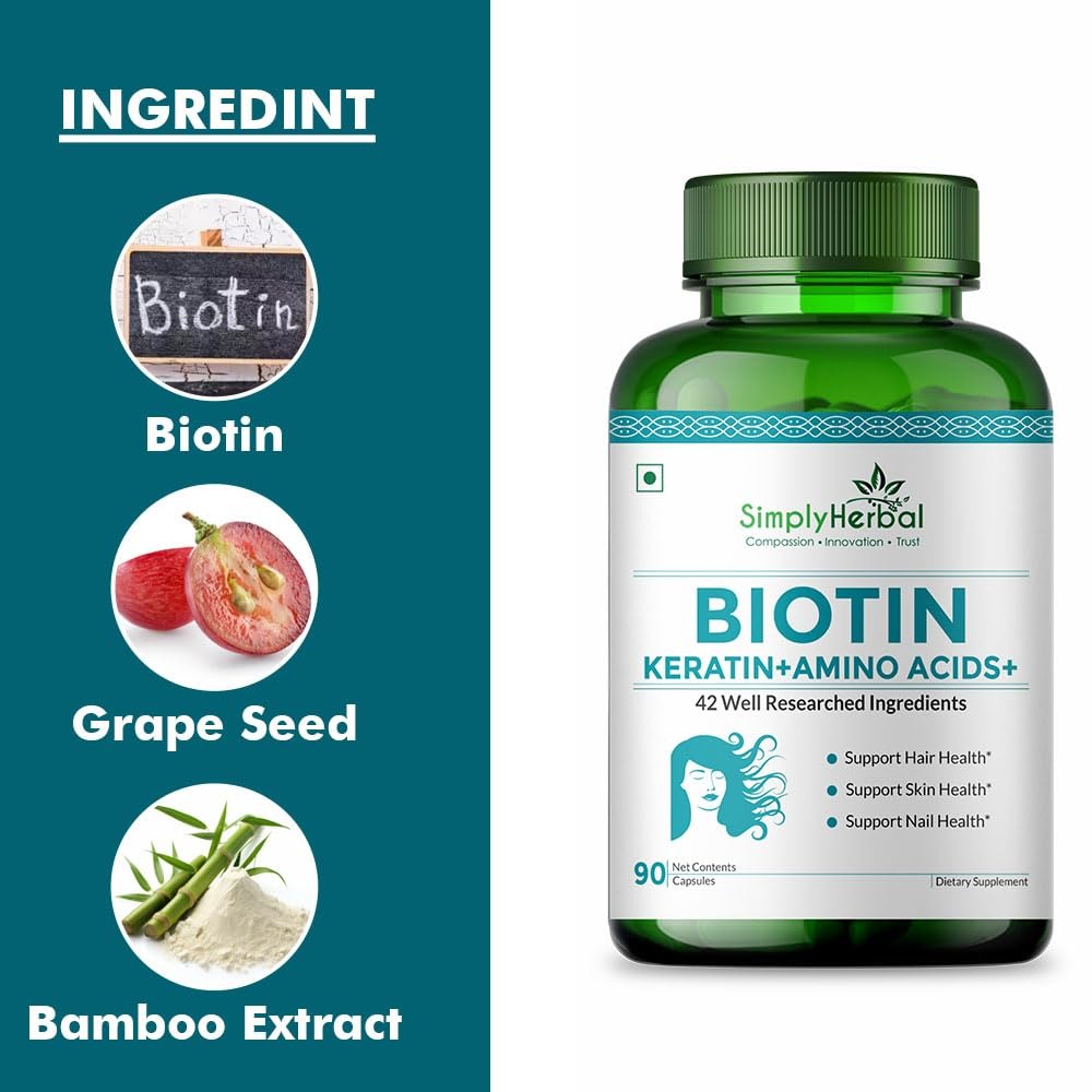 Simply Herbal Natural Biotin Vitamin B7 Capsules _ 90 Count
