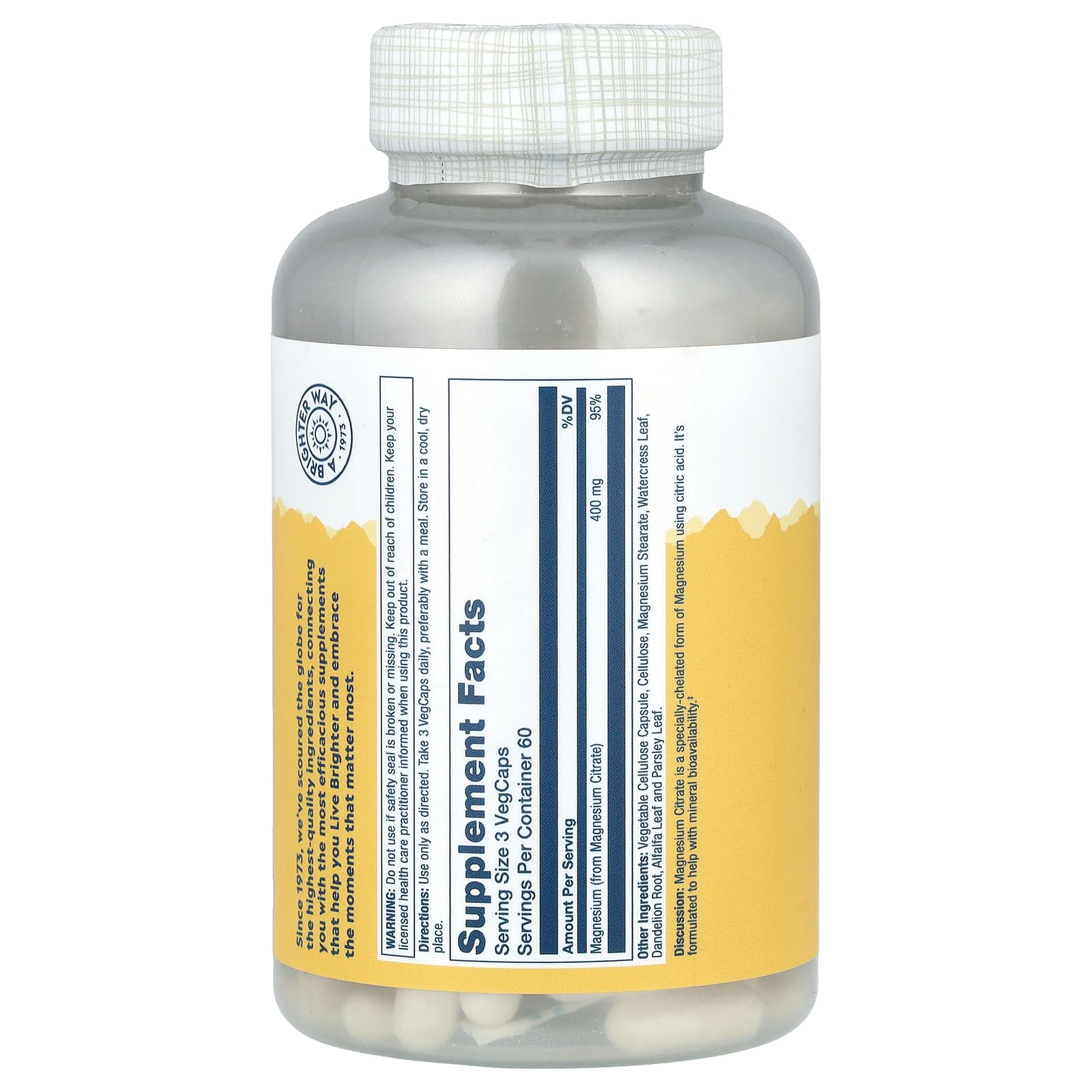 Solaray Magnesium Citrate 400mg 180 VegCaps (133 mg per Capsule)