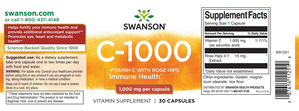 Swanson C-1000 Vitamin C With Rose Hips, 90 Vegan Capsules