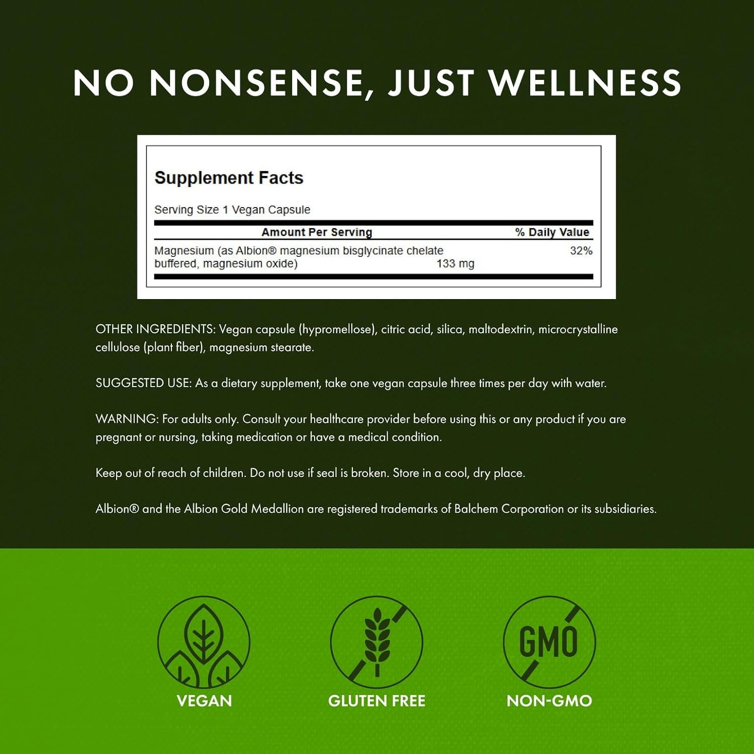 Swanson Albion® Magnesium Glycinate 133 mg, 90 Vegan Capsules