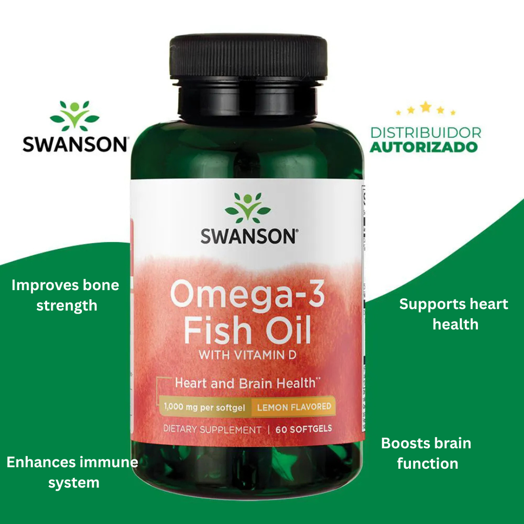 Swanson Omega-3 Fish Oil with Vitamin D, Lemon, 60 Softgels