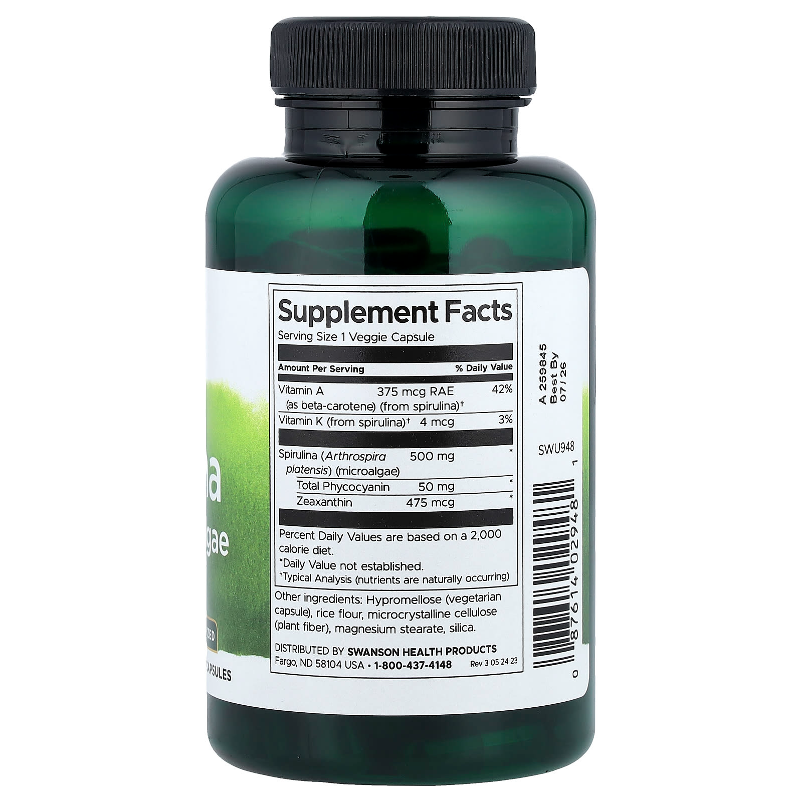 Swanson Spirulina Blue-Green Algae Standardised 500mg 90 Veg Capsules