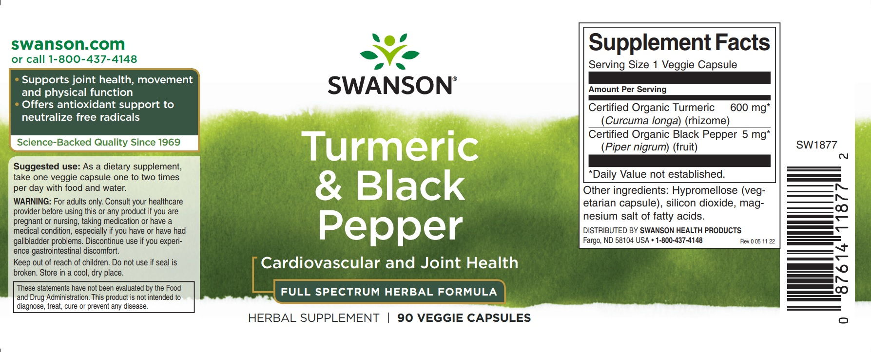 Swanson Turmeric & Black Pepper 600mg 60 Vegan Capsules