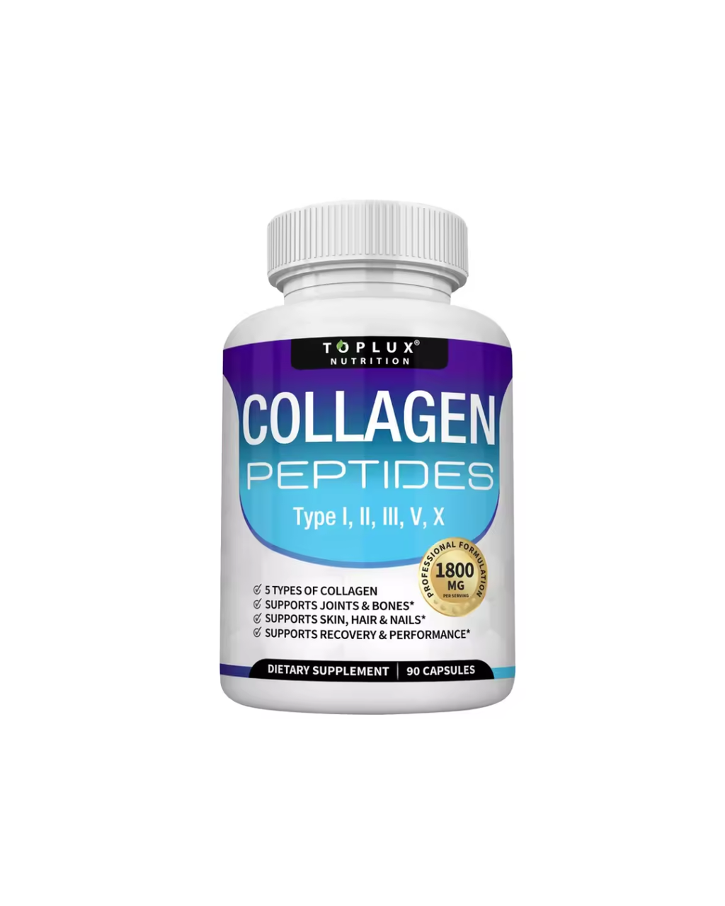 Toplux Nutrition Collagen Peptides 1800mg Types I,II,III,V,X 90 Capsules