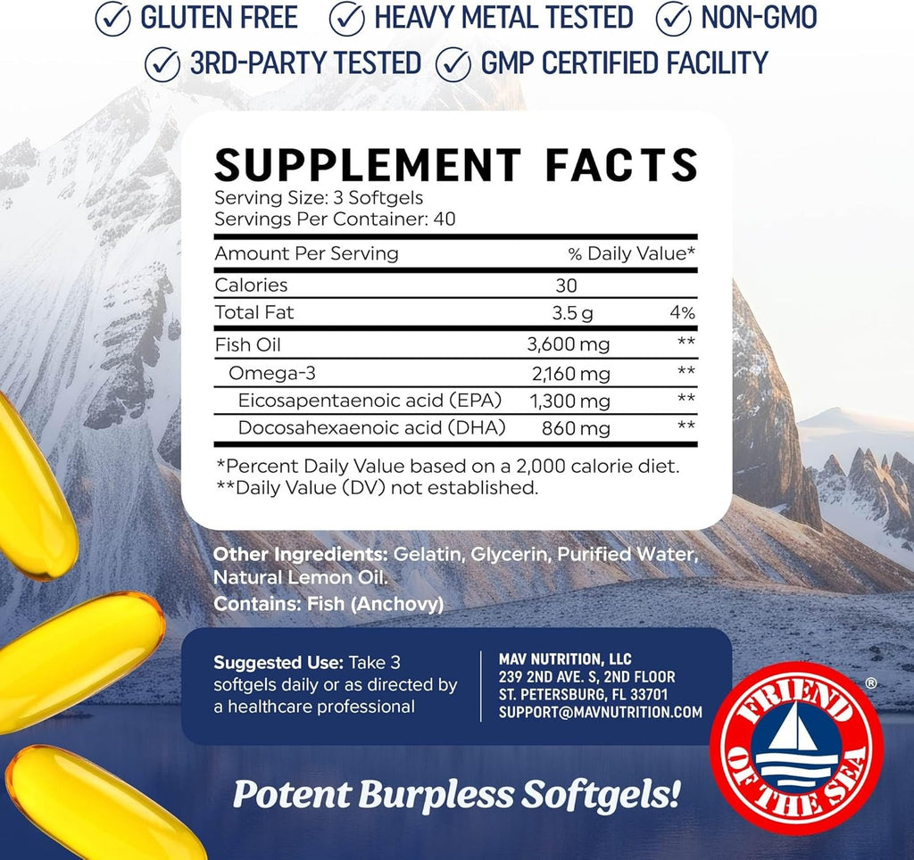 MAV Nutrition Triple Strength Omega 3 Fish Oil 3600mg