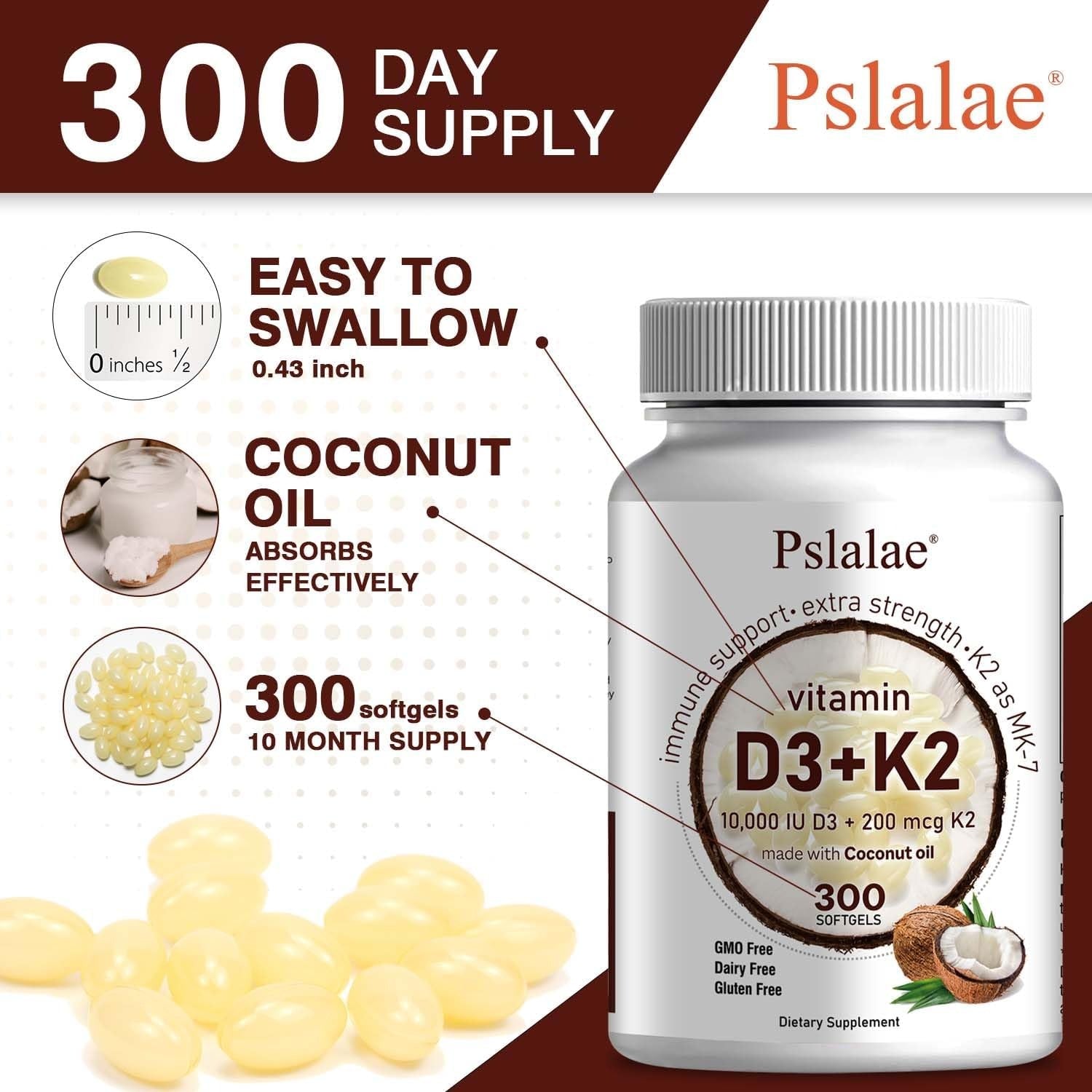 Pslalae Vitamin D3 10000iu + K2 200mcg with Coconut Oil _ 300 Softgels