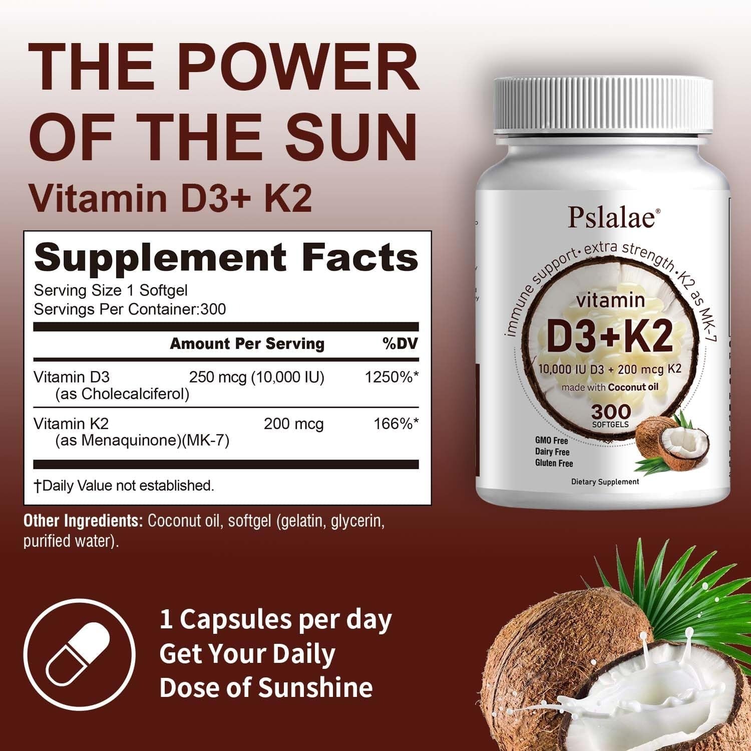 Pslalae Vitamin D3 10000iu + K2 200mcg with Coconut Oil _ 300 Softgels