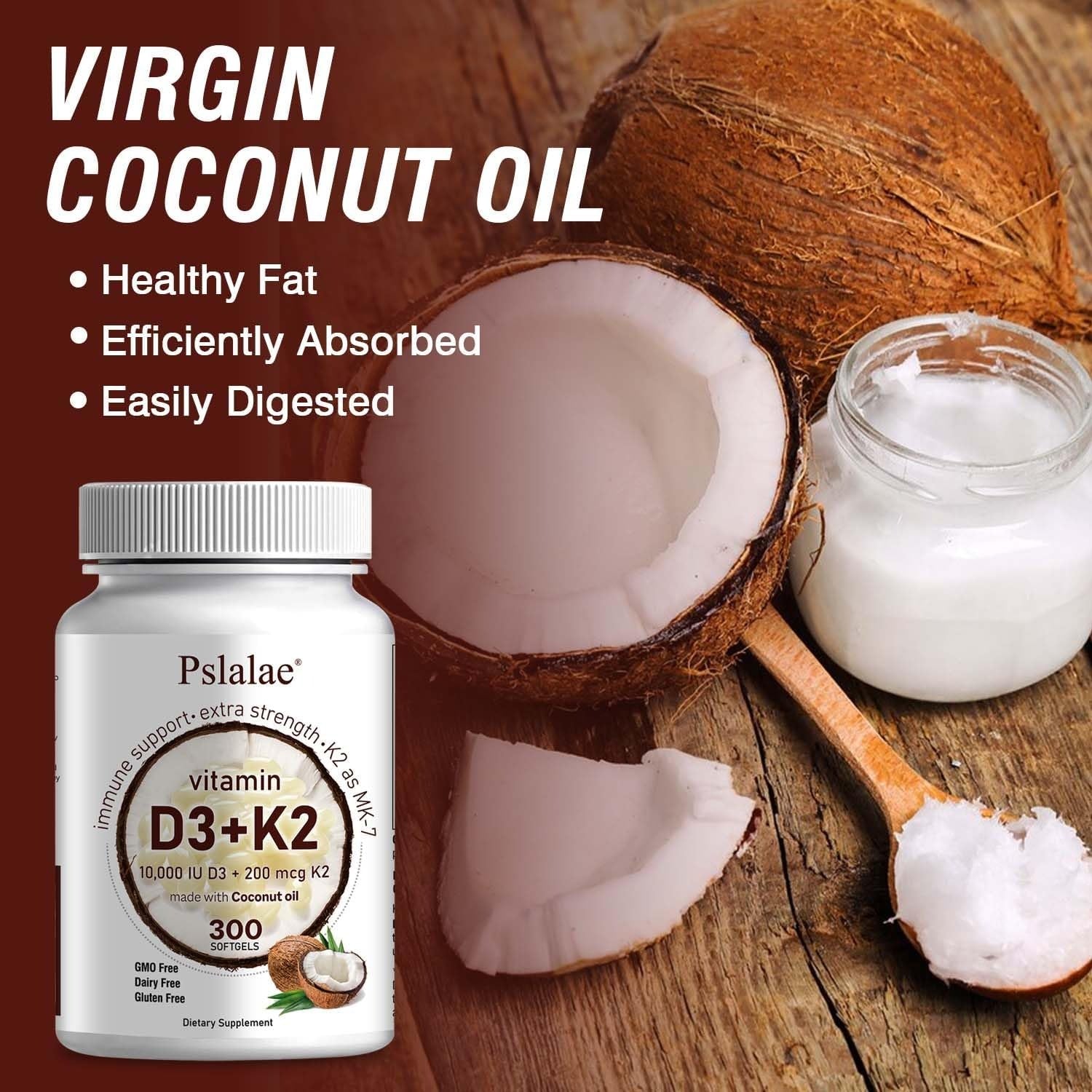 Pslalae Vitamin D3 10000iu + K2 200mcg with Coconut Oil _ 300 Softgels