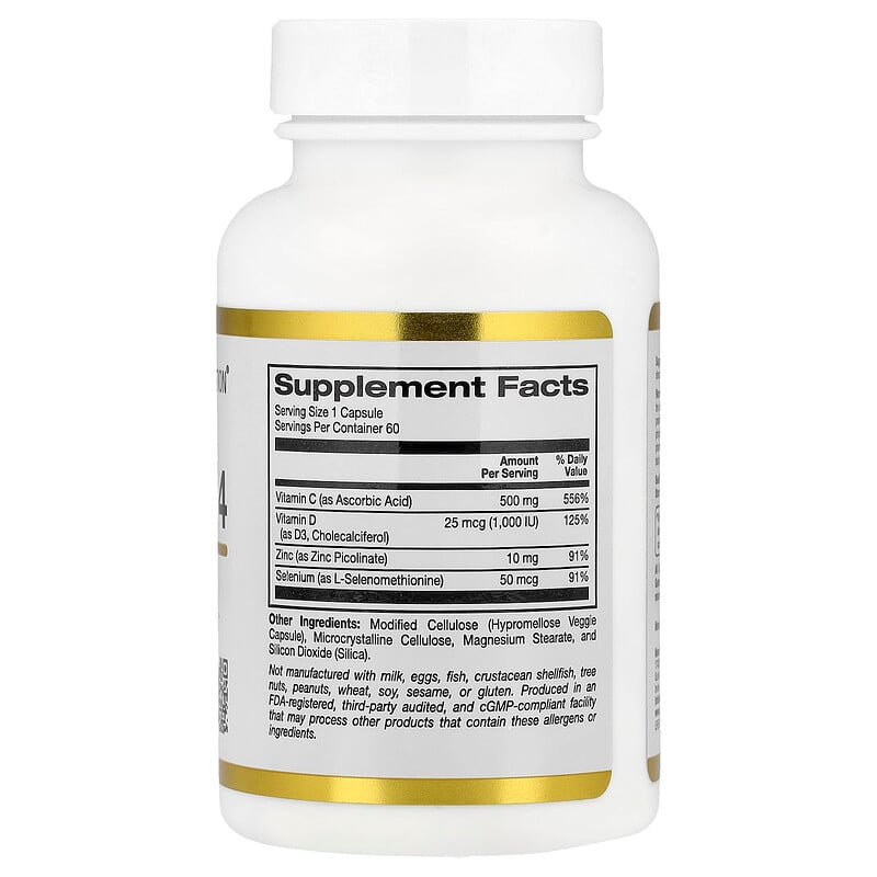 California Gold Nutrition Defender 4 with Vitamin C Vitamin D Zinc & Selenium 60 Veggie Capsules