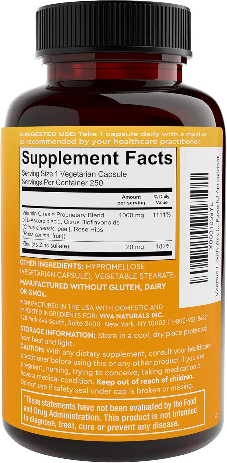 Viva Naturals Vitamin C and Zinc - 1000mg Vitamin C with Zinc 20mg - 250 count