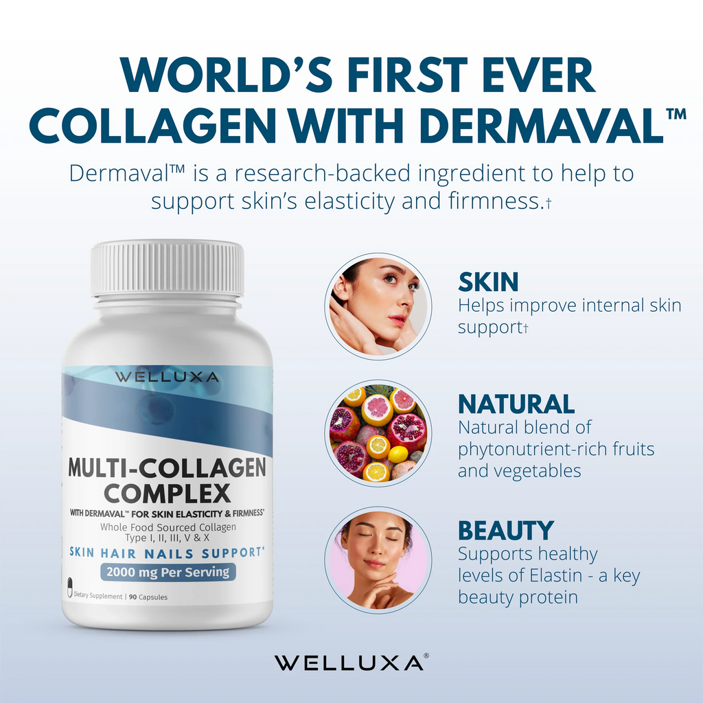 Welluxa Multi-Collagen Peptide with Dermaval Type I, II, III, V, X 90 Caps (2,000mg Per serving)