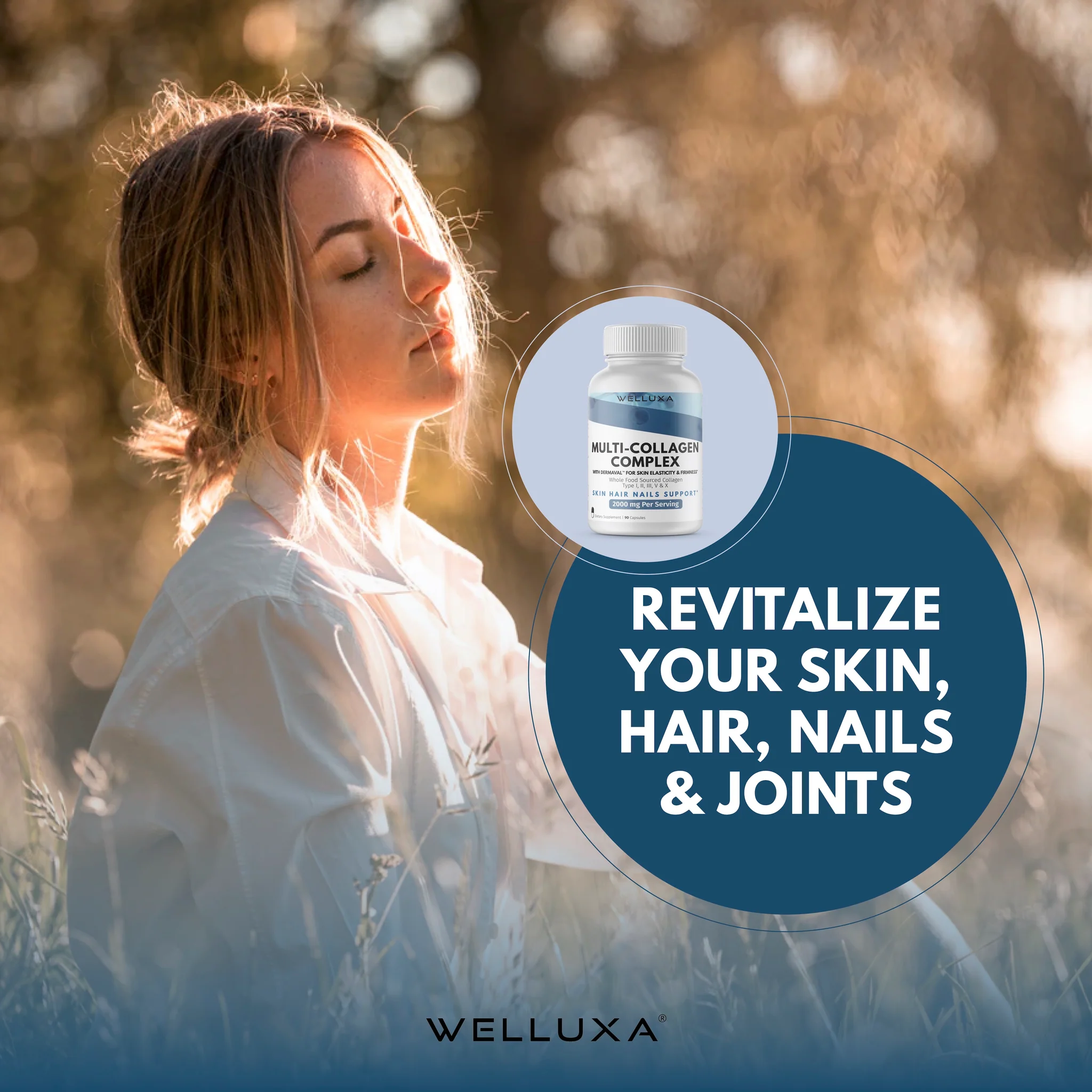Welluxa Multi-Collagen Peptide with Dermaval Type I, II, III, V, X 90 Caps (2,000mg Per serving)