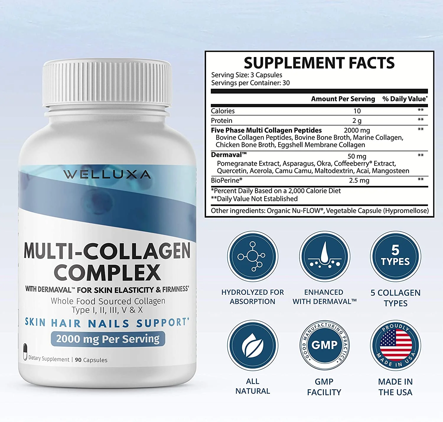 Welluxa Multi-Collagen Peptide with Dermaval Type I, II, III, V, X 90 Caps (2,000mg Per serving)