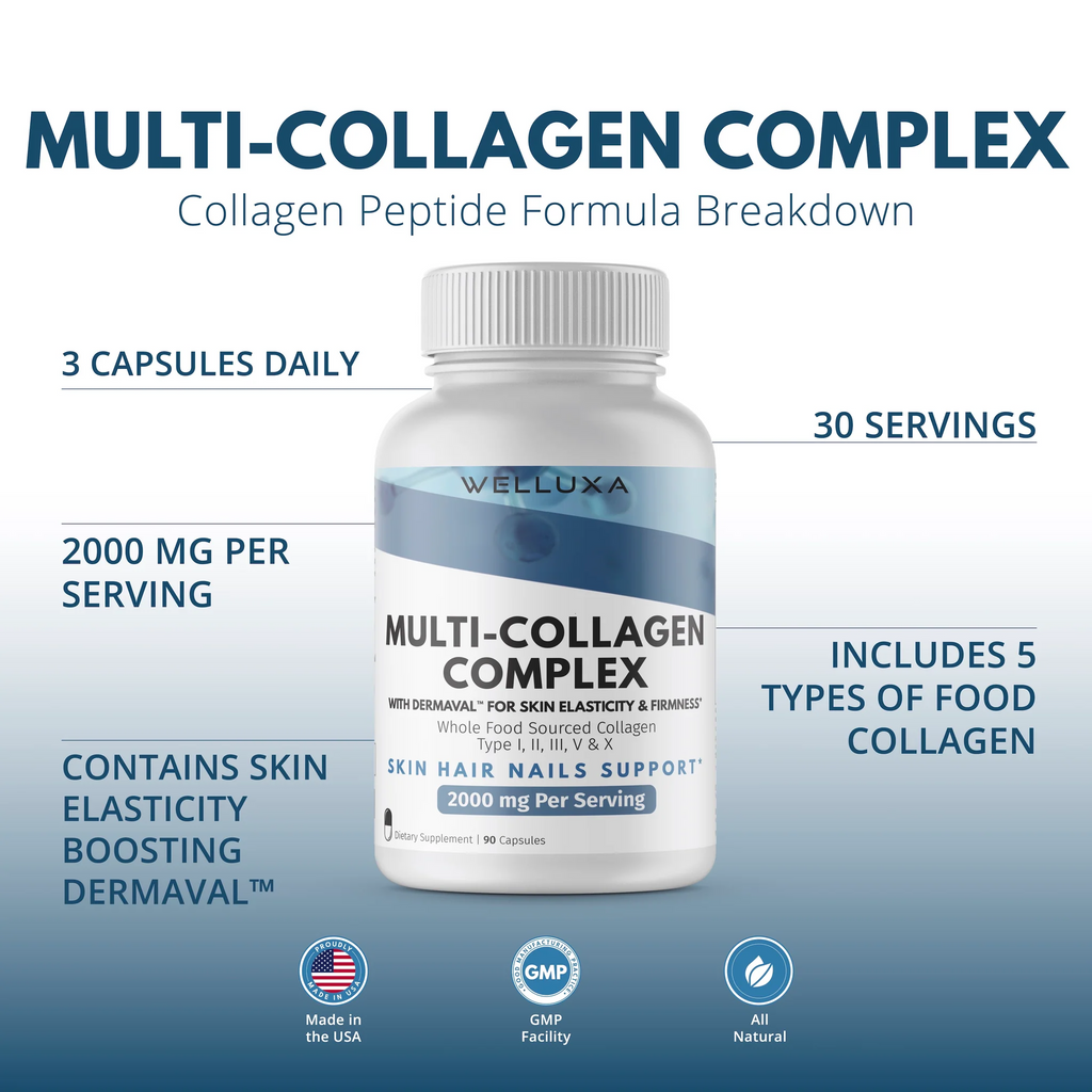 Welluxa Multi-Collagen Peptide with Dermaval Type I, II, III, V, X 90 Caps (2,000mg Per serving)