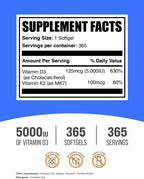 Bulk Supplements Vitamin D3 + K2 5000 IU Softgels | 365 Count