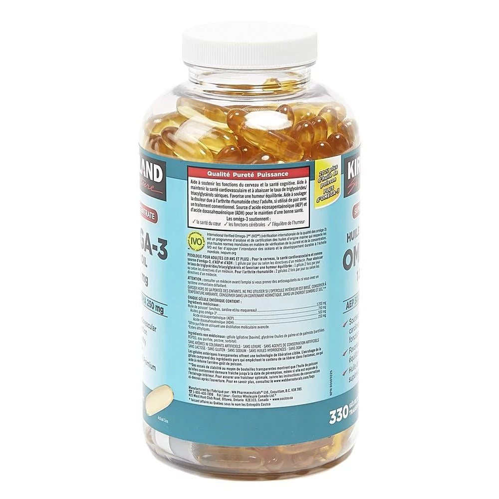 Kirkland Signature Super Concentrate Omega-3 Fish Oil 1200mg, EPA 500/DHA 250mg, 330 Clear enteric softgels