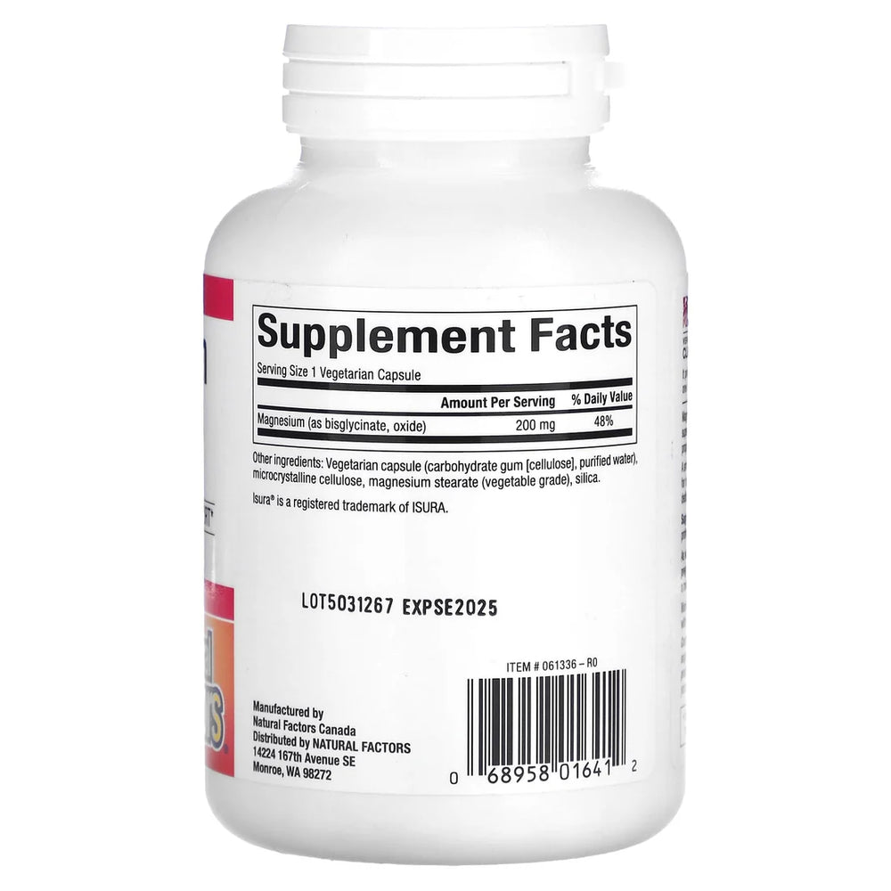 Natural Factors Magnesium Bisglycinate (Magnesium Glycinate) 200mg Pure, 250 Ct