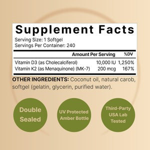 Naturebell Vitamin D3 K2 10,000 IU Vitamin D + 200mcg Vitamin K 240 Softgels