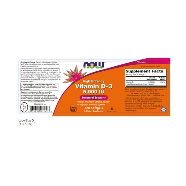 NOW Foods Vitamin D3 High Potency 125 mcg 5,000 IU 120 Softgels