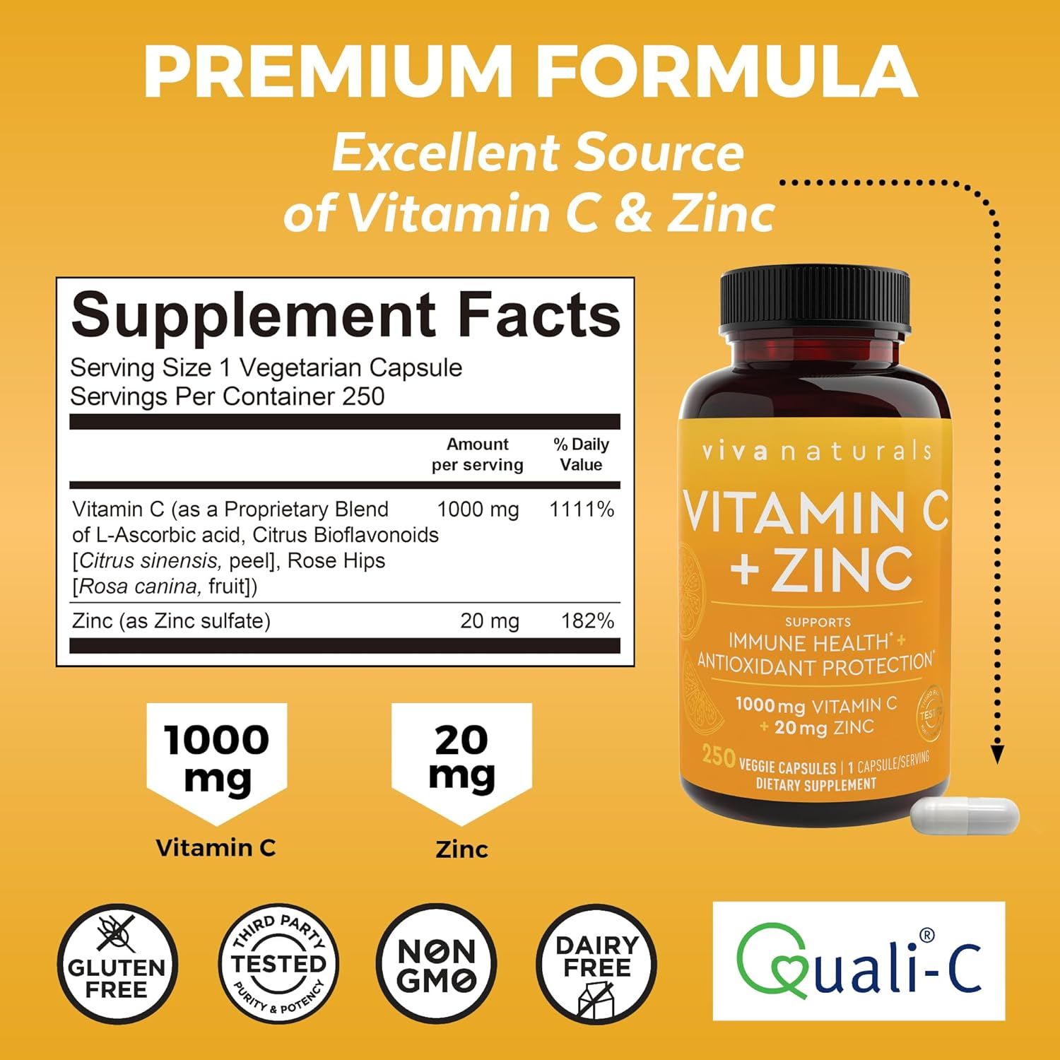 Viva Naturals Vitamin C and Zinc - 1000mg Vitamin C with Zinc 20mg - 250 count
