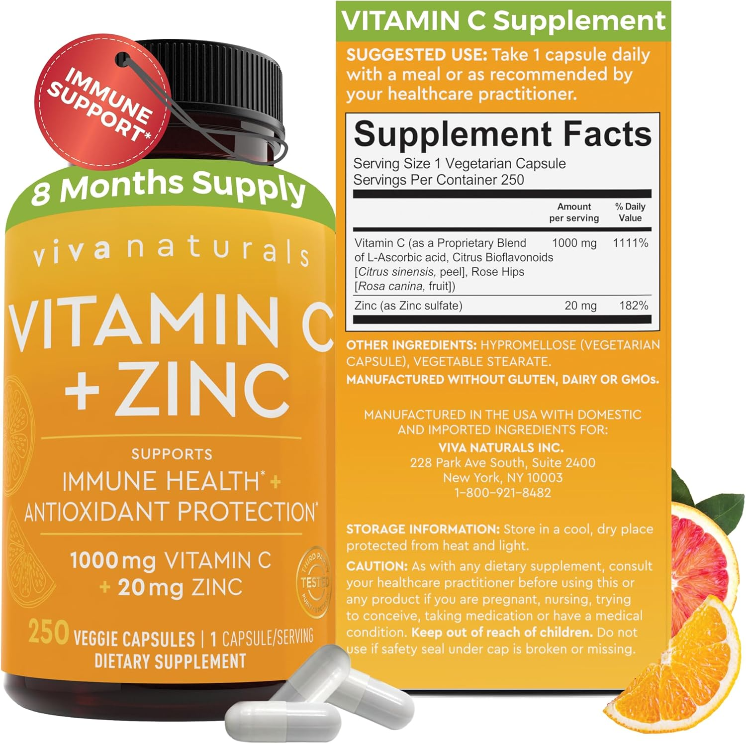 Viva Naturals Vitamin C and Zinc - 1000mg Vitamin C with Zinc 20mg - 250 count